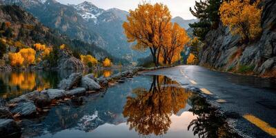 Golden autumn trees reflect on a tranquil lake by the roadside in a scenic mountain landscape at sunset photo