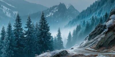 Majestic snowy mountain landscape with evergreen trees under a cloudy sky in winter morning light photo