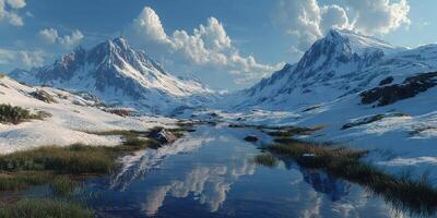 Majestic snow-capped mountains reflect in a tranquil river under a bright sky in a serene winter landscape photo