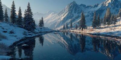 Winter landscape with mountains and a calm river reflecting snow-covered trees during daylight photo
