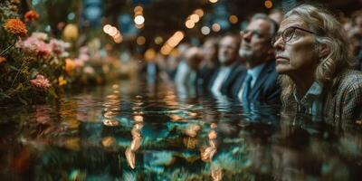 Attendees observing a tranquil water installation during an art event at a gallery in a vibrant urban setting photo