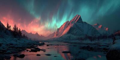Stunning northern lights illuminate a winter landscape with mountains and a river at twilight photo