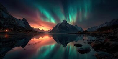 Stunning aurora borealis illuminates mountains and lake at twilight in a tranquil northern landscape photo