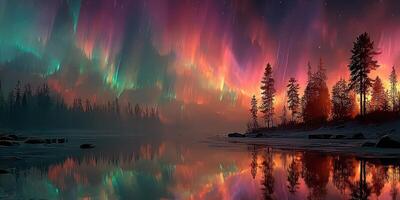 Breathtaking aurora borealis illuminating a tranquil lake at dusk with reflections in calm waters photo