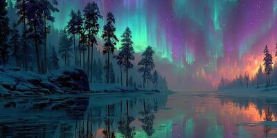 Majestic aurora borealis illuminates a serene lake surrounded by evergreen trees at twilight photo