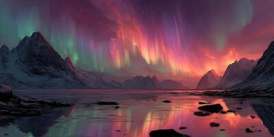 Breathtaking aurora borealis illuminates tranquil mountains and waters during twilight in a remote natural landscape photo