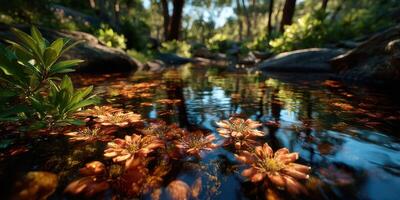 Colorful flowers float on serene waters in a tranquil forest stream during a sunny afternoon photo