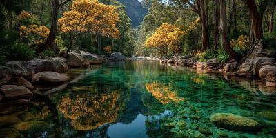 Peaceful river flows through lush forest with vibrant trees reflecting on calm waters in a serene setting photo