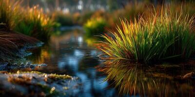 Vibrant wetlands at sunrise reflecting lush grasses in a tranquil stream photo