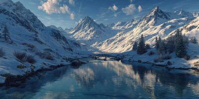 Majestic mountain landscape with snow-covered peaks and tranquil river reflecting a clear blue sky photo