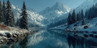 Majestic winter landscape with mountains, evergreen trees, and a calm river reflecting the serene beauty of nature in the early morning photo