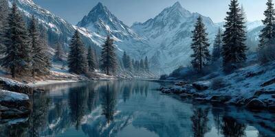 Majestic winter landscape with snow-capped mountains and serene river reflection in early morning light photo