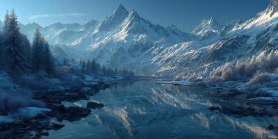 Majestic mountain landscape reflecting in calm river during twilight with snow-covered peaks and lush trees photo