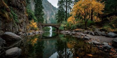 Tranquil autumn reflections in a forested landscape with a stone bridge and flowing water photo