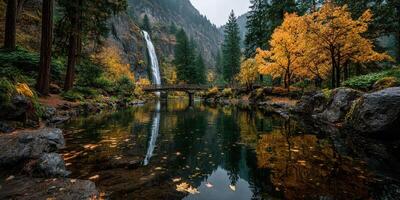 Majestic waterfall surrounded by autumn foliage in a tranquil forest setting photo