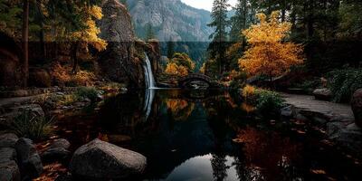 Serene autumn landscape with waterfall and colorful trees reflecting in pond photo