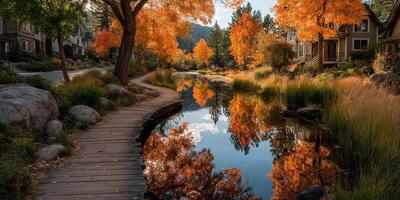 Autumn trees reflect on peaceful canal lined with charming houses during sunset photo