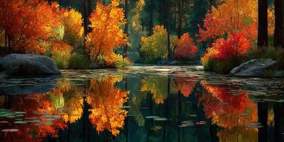 Bright autumn foliage reflects on a tranquil pond in a serene forest setting photo