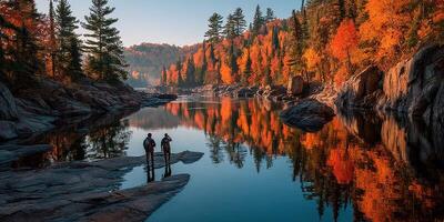 Natural beauty unfolds as two hikers explore a tranquil river surrounded by vibrant autumn foliage at dawn photo
