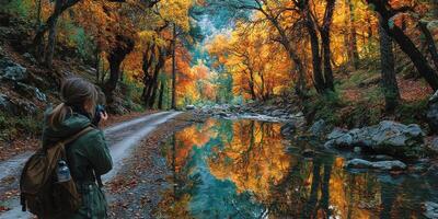 Exploring the vibrant autumn landscape by the river with colorful foliage and a serene atmosphere photo