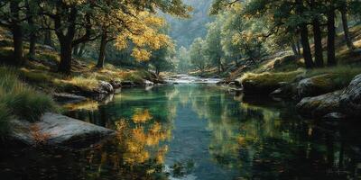 tranquilo río reflejando otoño colores en un sereno bosque paisaje durante dorado hora foto