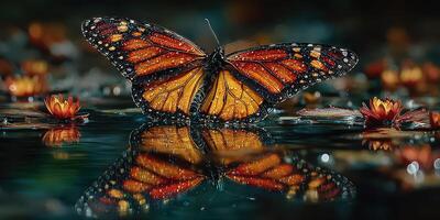 Beautiful butterfly resting on water surrounded by blooming flowers in a serene natural setting photo