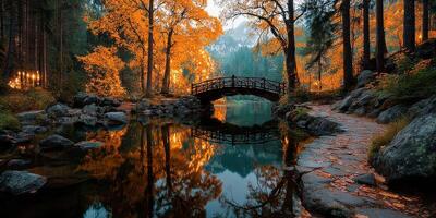 Scenic autumn landscape featuring a bridge over a tranquil lake surrounded by vibrant foliage in a serene forest setting photo