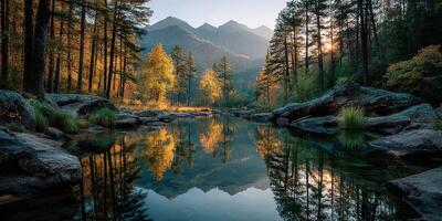 Tranquil river reflects autumn colors in mountain landscape during early morning light photo