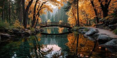 Peaceful autumn bridge over a serene lake surrounded by colorful foliage in a forest photo