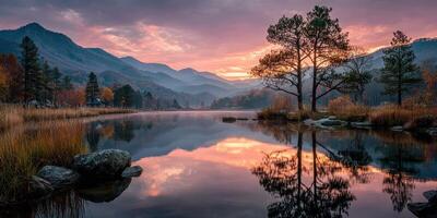 Morning light casts vibrant reflections over a calm lake surrounded by mountains in autumn photo