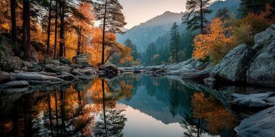 Serene autumn landscape at dawn with vibrant trees reflecting in a calm lake photo