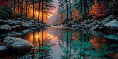Serene riverside at sunset reflecting vibrant autumn colors in a tranquil forest setting photo