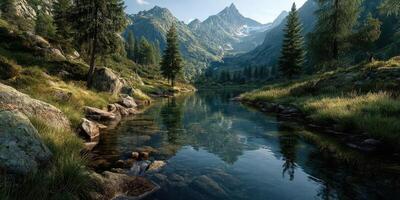 Stunning view of mountains and a serene lake surrounded by lush greenery during a clear afternoon photo