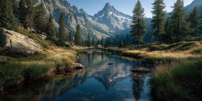 Beautiful mountainous landscape with a tranquil river reflecting the peaks and lush greenery during daylight photo