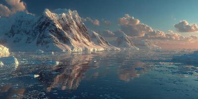 Stunning Arctic landscape with icebergs, majestic mountains, and serene waters during golden hour photo