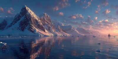 Stunning icebergs glimmer in the serene waters at sunset in a remote Arctic landscape photo