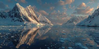 Majestic icy landscape with towering mountains and serene waters reflecting clouds during twilight in a remote location photo