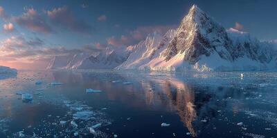 Snow-covered mountain reflects in tranquil ocean at dawn in a remote polar region photo