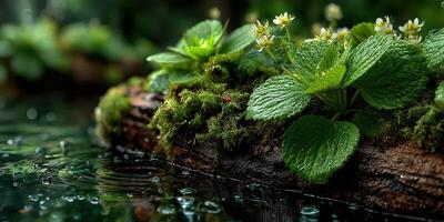 Close-up of lush green foliage and flowers near a tranquil water source during a rainy day in a serene forest environment photo