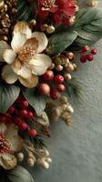 Floral arrangement featuring red berries and gold details on textured wall backdrop during autumn season photo
