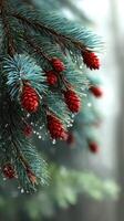 Pine tree branches adorned with vibrant red cones and glistening droplets after a fresh rain, creating a serene natural atmosphere photo