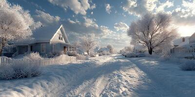 Winter landscape featuring a quiet snow-covered street lined with houses and trees at dusk photo