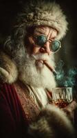 Elderly man dressed as Santa Claus enjoys a drink while smoking a cigar, surrounded by a warm atmosphere photo