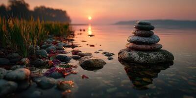 Stacked stones at the water's edge during a tranquil sunset by a calm lake photo