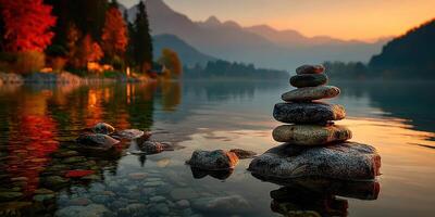 Serene sunset at a tranquil lake with stacked stones and reflections in the water during autumn photo