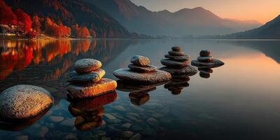 Tranquil lakeside view with stacked stones during sunset by tranquil forest and mountains in autumn photo