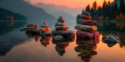 Calm sunset reflection on a serene lake with stacked stones in the foreground photo