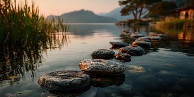 Serene pathway of stones leading across tranquil water at sunset in a peaceful lakeside setting photo