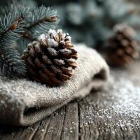 Pine cone resting on soft fabric with snowflakes and evergreen branches in a cozy winter setting photo