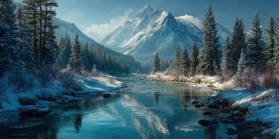 Winter landscape with snow-covered mountains and a serene river reflecting the scenery photo